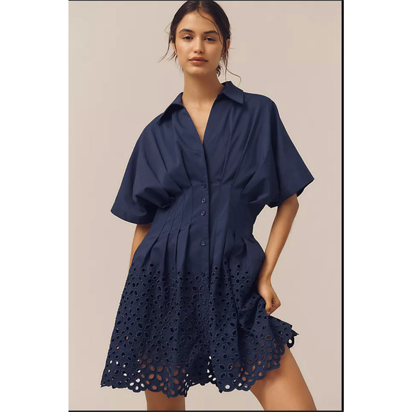 NEW Anthropologie Exquise The Tobie Button Front Pleated Shirt Dress Eyelet Mini - Picture 1 of 8